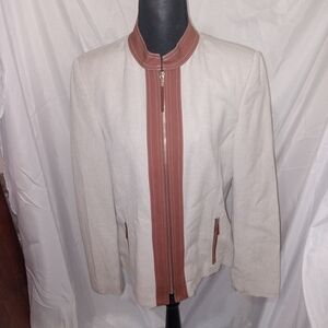Harve Benard Designer Beige Linen Rayon Blend Zip Blazer Jacket Size 10 Career